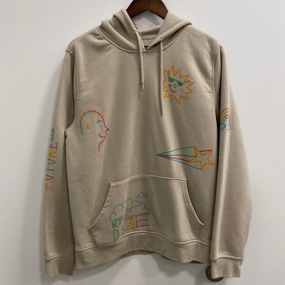 Brooklyn Cloth Hoodie Mens Medium Tan Better Daze Embroidered Doodle Sweatshirt
